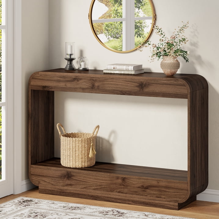 Aufeile 43" Entryway Table, Curved Console Table for Entryway, 2-Tier Wood Sofa Table with Open Storage Shelves Behind the Couch, Narrow Entry Table for Hallway Entrance Foyer, Walnut