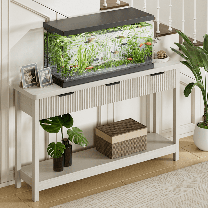 Aufeile 51" Console Table for Entryway, Fluted Entryway Table with 3 Storage Drawers and Open Shelf, Narrow Couch Sofa Table for Living Room Hallway Entrance Foyer, White Oak