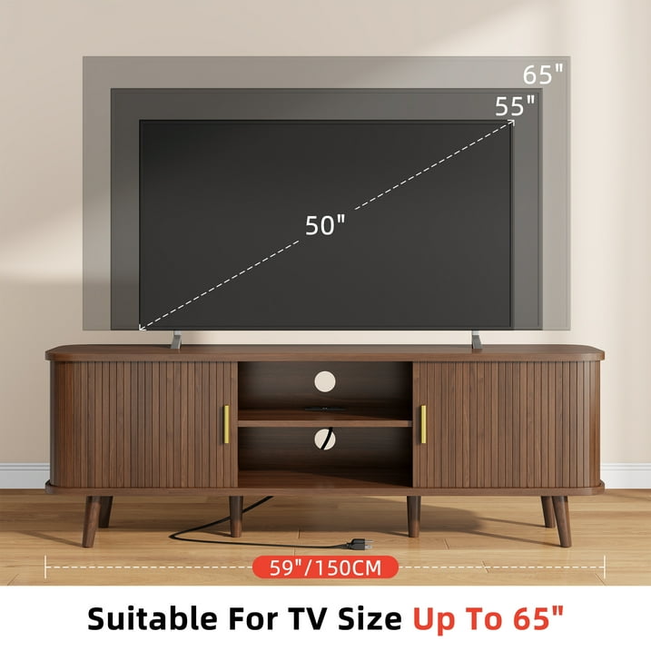 Aufeile TV Stand for 65 Inch TV, 59" Modern TV Stand with Power Outlet, Entertainment Center for Living Room, Fluted TV Console & Mueble Para TV with 2 Sliding Tambour Doors, Walnut