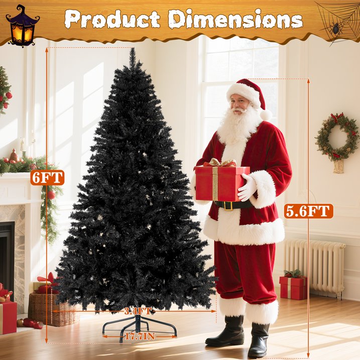 Aufelie Artificial Christmas Tree, Halloween Black Christmas Tree w/ 800 Hinged Branches, 6FT Christmas Tree Festive Holiday Xmas Tree for Halloween & Christmas