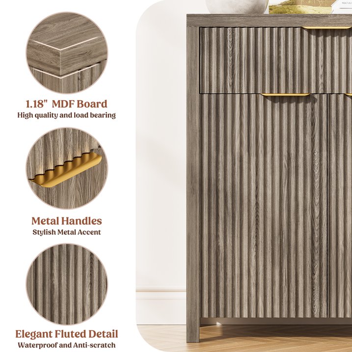 Aufeile 85" W Sideboard Buffet Cabinet with Storage Drawers, Set of 3 Fluted Accent Cabinet with Adjustable Shelves, Modular Storage Cabinet for Dining Room, Kitchen, Living Room, Gray Oak