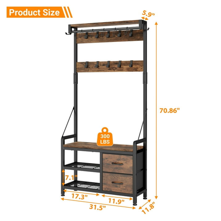 Aufeile Hall Tree with Bench, 6-in-1 Entryway Storage Organizer with Shoe Rack, 17 Hooks, 2 Drawers, Hanging Rod & Top Shelf, Industrial Coat Rack for Hallway, Living Room, Brown