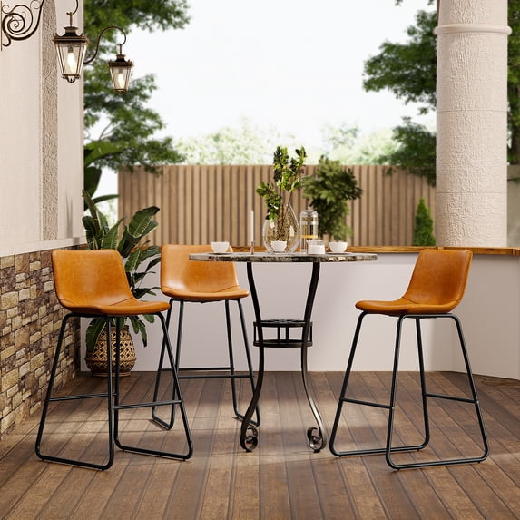 Aufeile 26" Counter Height Bar Stools Set of 3 – Modern Faux Leather Barstools with Back & Metal Legs, Kitchen Bar Chairs for Island, Dining Room, Whiskey Brown