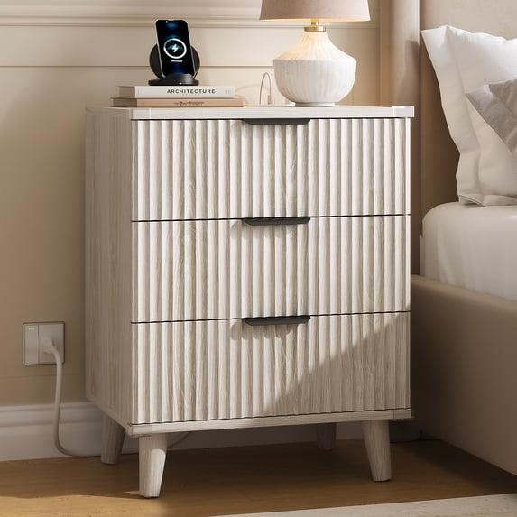 Aufeile Nightstand Set of 2 for Bedroom, Modern Fluted Nightstands with Charging Station, 3 Drawer Wood Bedside Table & End Tables for Bedroom, Living Room, White Oak
