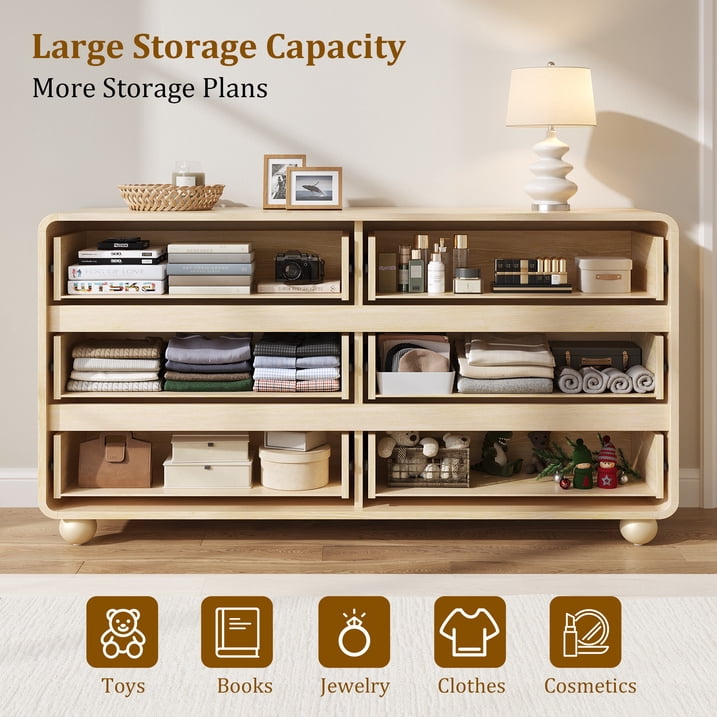 Aufeile Dresser for Bedroom, 6 Drawer Dresser & Chest of Drawers, 53" Modern Chest of Drawers with Curved Profile Design, Wood Dresser Storage Organizer for Adults, Natural Oak