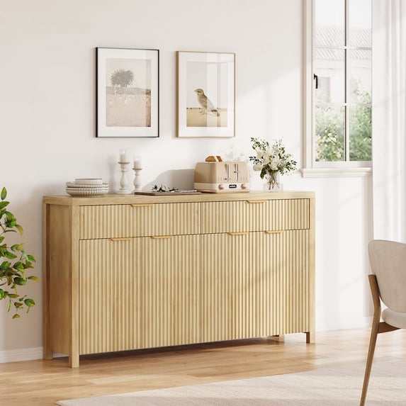 Aufeile Fluted Buffet Cabinet with 2 Drawers, 55L Large Sideboard Credenza with Adjustable Shelf for Dining Room Storage Cabinet, Kitchen Pantry Organizer, Coffee Bar Station, Natural Oak