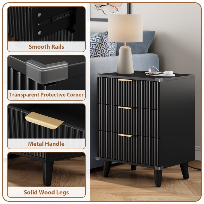 Aufeile 3 Piece Dresser and Nightstand Set for Bedroom, Boho 6 Drawer Dresser & Nightstands Set of 2 with 3 Drawers & USB Charging, Fluted Wood Storage Cabine, Modern Bedroom Furniture Set, Black