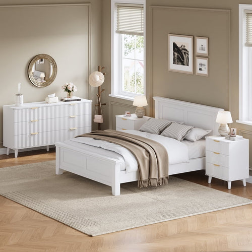Aufeile 3 Piece Dresser and Nightstand Set for Bedroom, Boho 6 Drawer Dresser & Nightstands Set of 2 with 3 Drawers & USB Charging, Fluted Wood Storage Cabine, Modern Bedroom Furniture Set, White