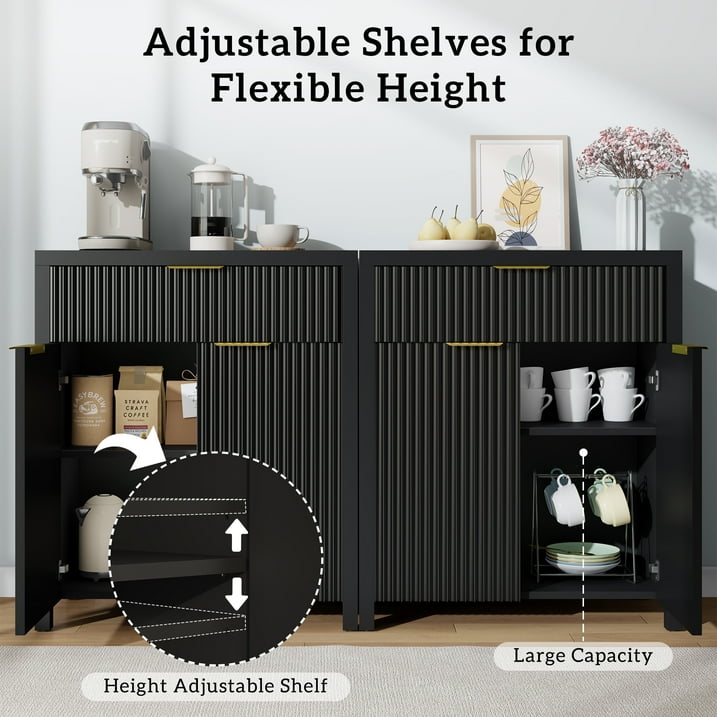 Aufeile Fluted Sideboard and Buffet, Accent Storage Cabinet with Adjustable Shelf for Dining room, Kitchen, Living room, Black
