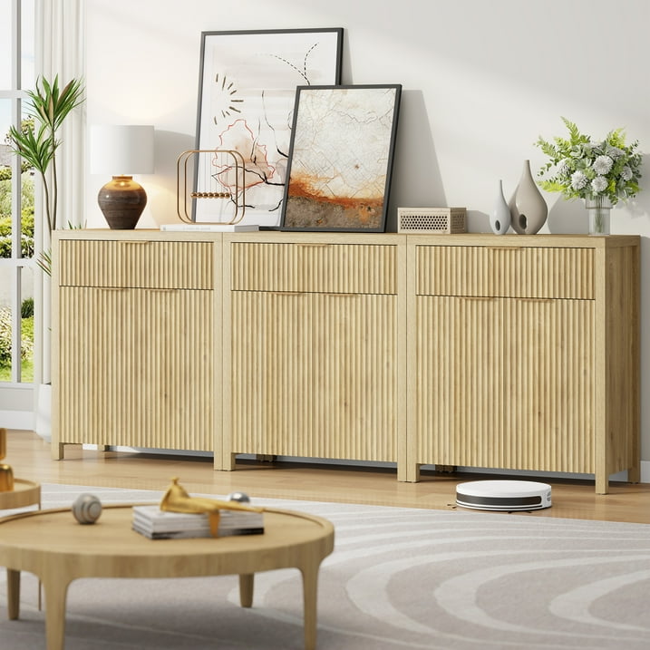 Aufeile Fluted Sideboard and Buffet, Accent Storage Cabinet with Adjustable Shelf for Dining room, Kitchen, Living room, Natural Oak