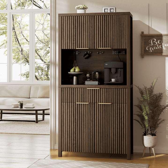 Aufeile 71" Tall Pantry Storage Cabinet with Drawer and Charging Station, Fluted Pantry Cabinet with Adjustable Shelves for Kitchen Dining Room Living Room, Black
