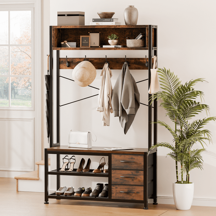 Aufeile Hall Tree with Bench, 5-in-1 Entryway Storage Organizer with Shoe Rack, 7 Hooks, 3 Drawers & Top Shelf, Industrial Coat Rack for Hallway, Living Room, Brown