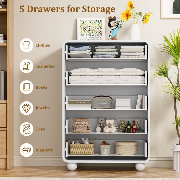 Aufeile 41" Tall Dresser for Bedroom, 5 Drawer Modern Wood Dresser with Curved Profile, Chest of Drawers for Bedroom, Vertical Storage Cabinet for Living Room, Entryway, White