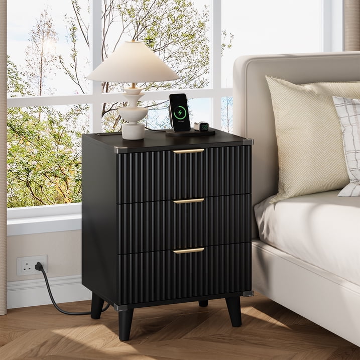 Aufeile 4 Piece Boho Dresser Set for Bedroom, 6 Drawer Dresser, 5 Drawer Tall Dresser & 2 Nightstands with 3 Drawers & USB Charging, Fluted Wood Bedroom Furniture Set, Black