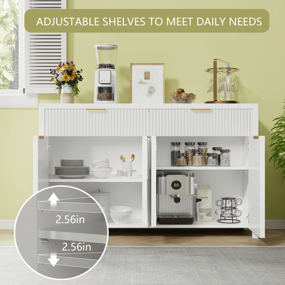Aufeile Fluted Buffet Cabinet with 2 Drawers, 55L Large Sideboard Credenza with Adjustable Shelf for Dining Room Storage Cabinet, Kitchen Pantry Organizer, Coffee Bar Station, White