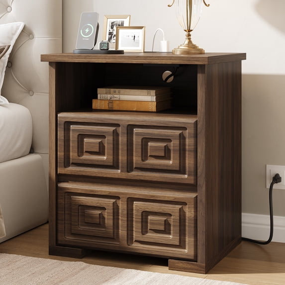 Aufeile Farmhouse 2-Drawer Nightstand, Rustic Sofa Side Table with USB & AC Outlets for Bedroom, End Tables for Living Room, Brown