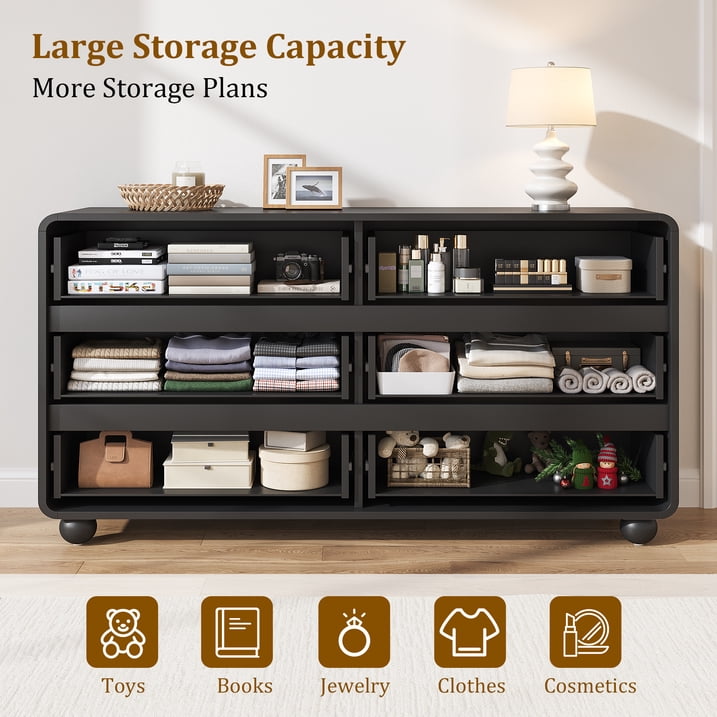 Aufeile Dresser for Bedroom, 6 Drawer Dresser & Chest of Drawers, 53" Modern Chest of Drawers with Curved Profile Design, Wood Dresser Storage Organizer for Adults, Black
