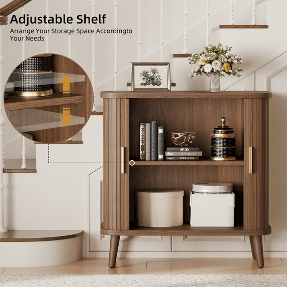 Aufeile Buffet Sideboard Cabinet, Modern Storage Cabinet with Sliding Doors and Adjustable Shelf for Kitchen, Dining Living Room, Entryway, Walnut