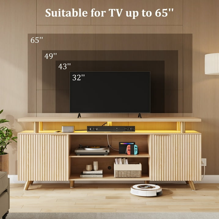 Aufeile Fluted TV Stand for TVs up to 65 Inch with Charging Station & LED Lights, 59" Modern Entertainment Center with Storage Cabinets, Wood TV Console for Living Room