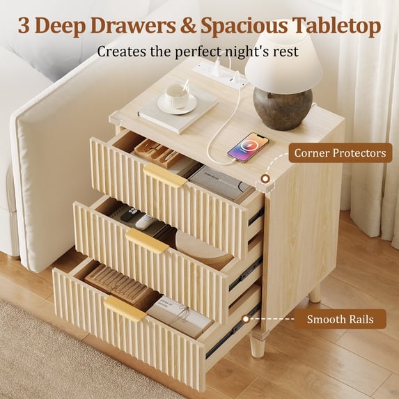Aufeile Nightstand with Charging Station, 3 Drawer Nightstand for Bedroom, Fluted Bedside Table with USB Ports, Modern Wood Bedroom Side Table with Drawers, Natural