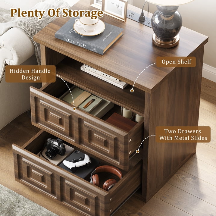 Aufeile Dresser and Nightstand 3 Piece Set - Includes Double 6 Drawer Farmhouse Dresser, Nightstand Set of 2 with Charging Station, Vintage Bedroom Set, Walnut
