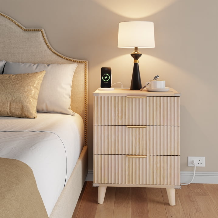 Aufeile 3 Piece Dresser and Nightstand Set for Bedroom, Boho 6 Drawer Dresser & Nightstands Set of 2 with 3 Drawers & USB Charging, Fluted Wood Storage Cabine, Modern Bedroom Furniture Set, Natural