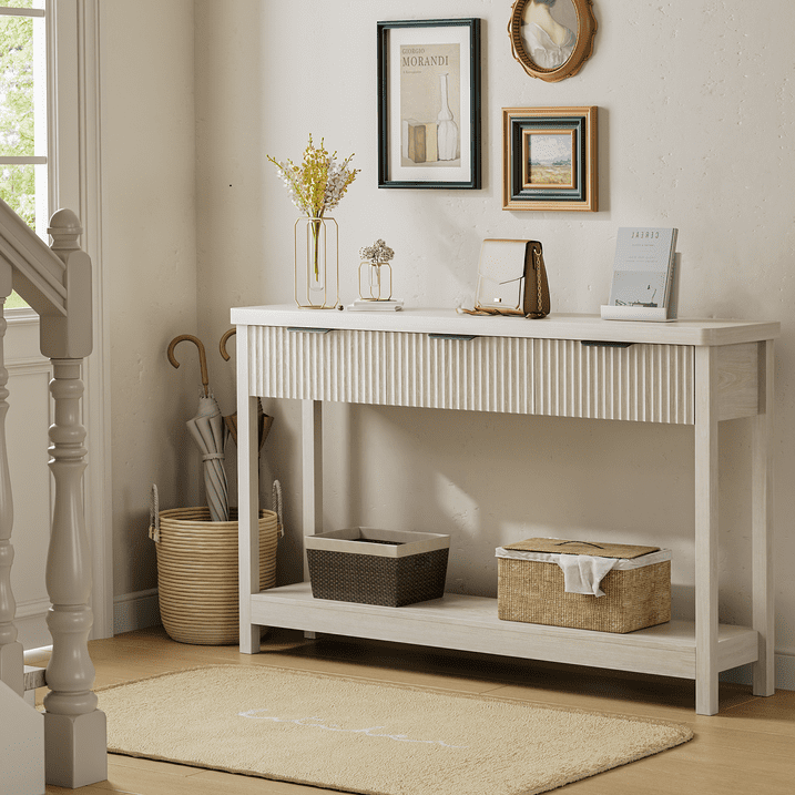 Aufeile 51" Console Table for Entryway, Fluted Entryway Table with 3 Storage Drawers and Open Shelf, Narrow Couch Sofa Table for Living Room Hallway Entrance Foyer, White Oak