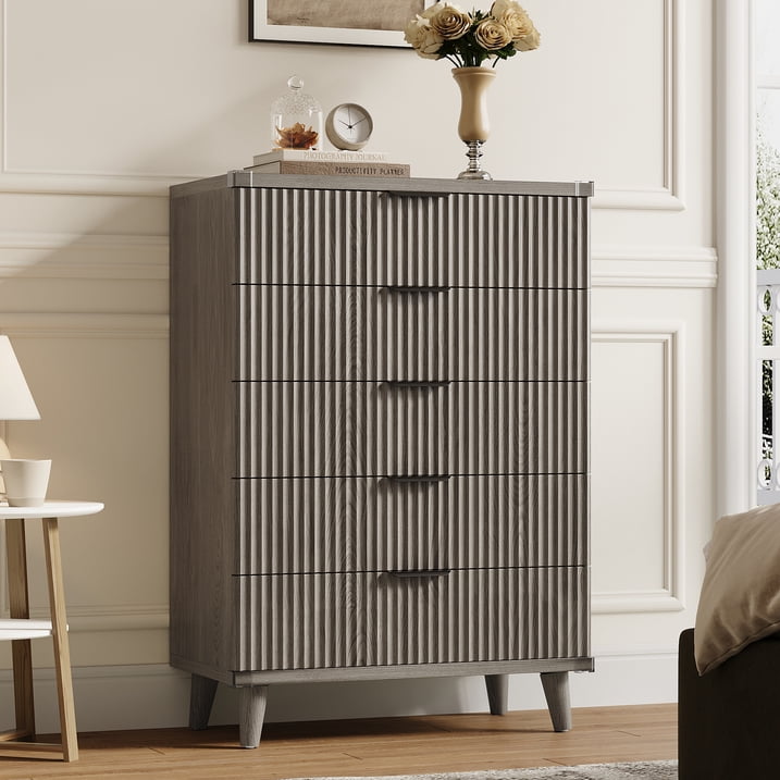 Aufeile 4 Piece Boho Dresser Set for Bedroom, 6 Drawer Dresser, 5 Drawer Tall Dresser & 2 Nightstands with & USB Charging, Fluted Wood Bedroom Furniture Set, Dark Grey Oak