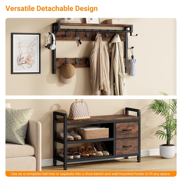 Aufeile 6-in-1 Hall Tree with Bench, Wide Entryway Bench with Shoe Storage, 24 Hooks, 2 Drawers, Hanging Rod & Shelf, Heavy Duty Coat Rack for Hallway, Living Room, Rustic Brown