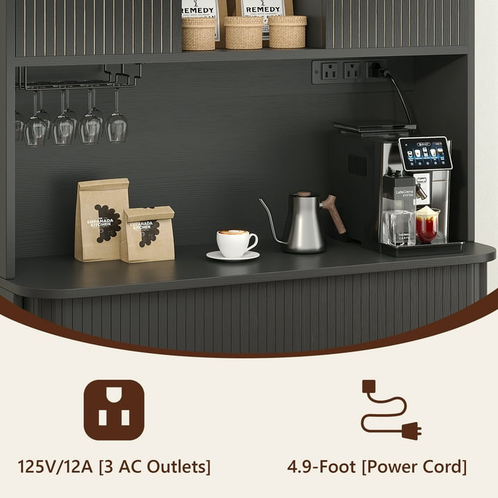 Aufeile 71" Kitchen Pantry Storage Cabinet with Charging Station, Coffee Bar Station with Tambour Sliding Door, 39" W Large Hutch with Adjustable Shelves for Kitchen, Dining Living Room, Black
