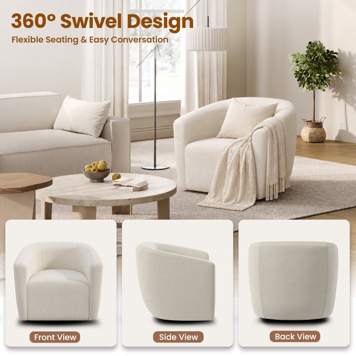 Aufeile Swivel Barrel Accent Chair for Living Room, Modern Round 360° Swivel Chair with Curve Back, Comfy Upholstered Single Sofa Chair for Bedroom and Coffee, Beige