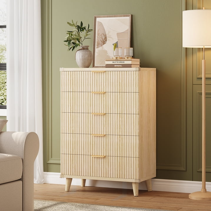 Aufeile 39.4" Tall Dresser for Bedroom, Fluted Wood Dresser with 5 Drawer, Modern Chest of Drawers for Bedroom with Wave Panel, Slim Storage Dresser for Small Spaces, Natural