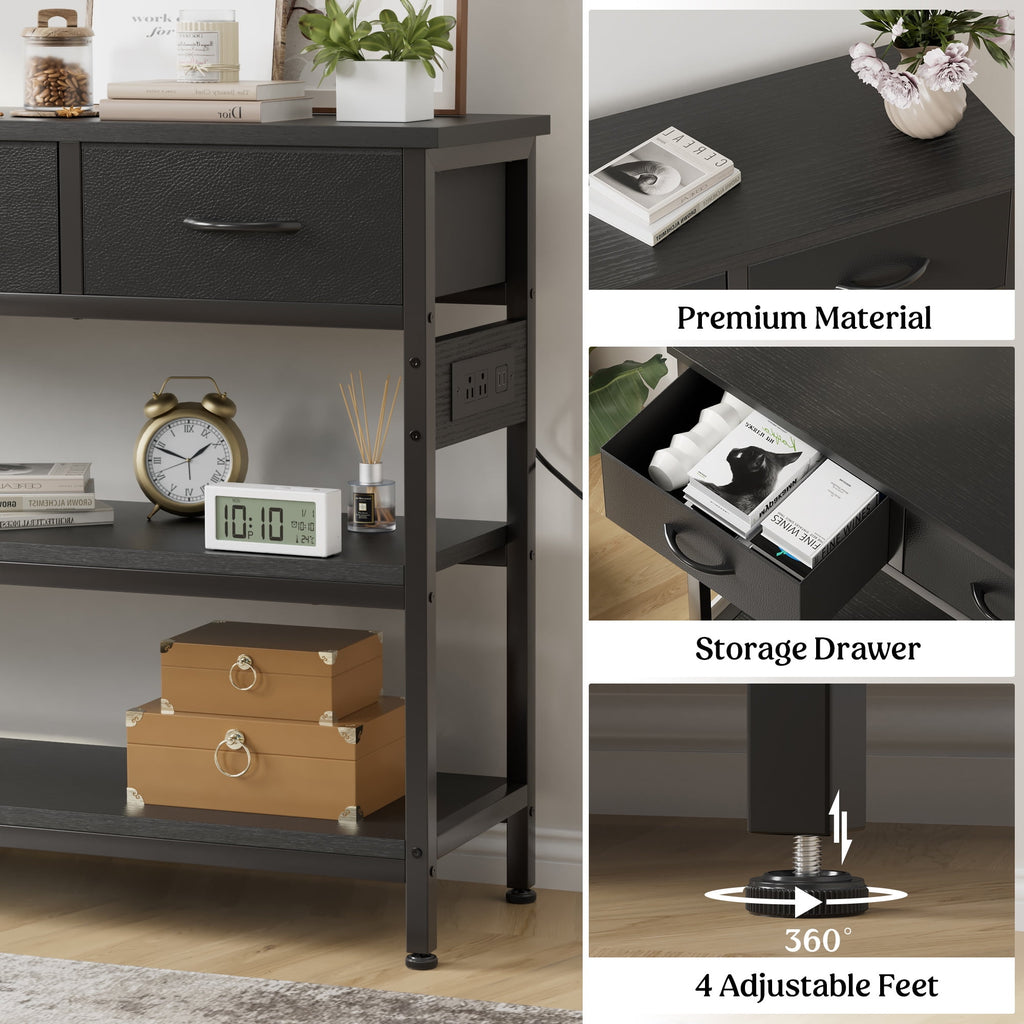Aufeile 43" Narrow Console Table, Entryway Table with 3 Drawers and Outlets, Fabirc Sofa Table with Open Shelves for Couch, Hallway, Foyer, Living Room, Black