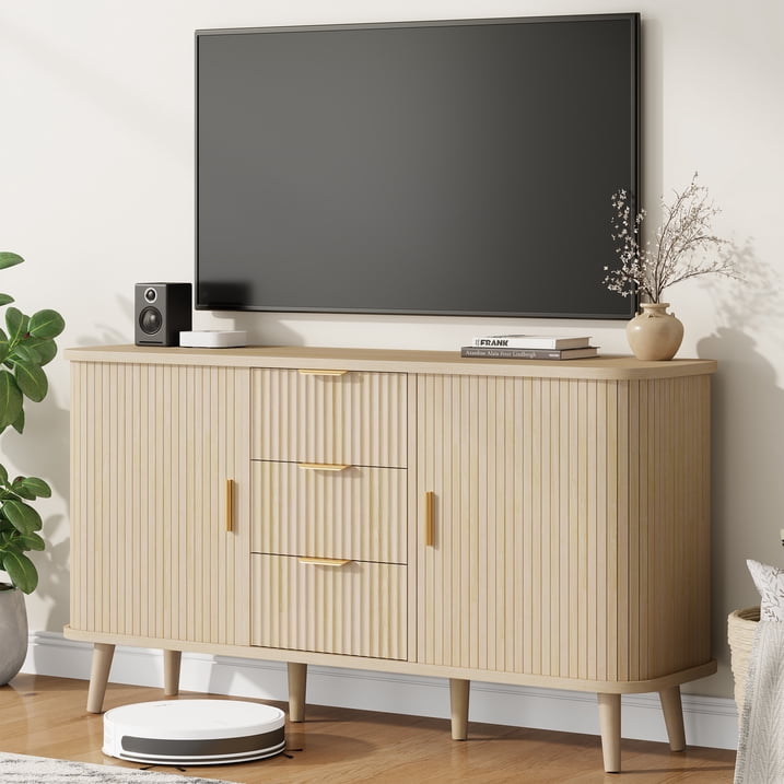 Aufeile Sideboard Buffet Cabinet, 55" Storage Cabinet with 3 Drawers and Adjustable Shelves, Modern Accent Cabinet for Kitchen, Dining Living Room, Entryway, Hallway, Natural Oak