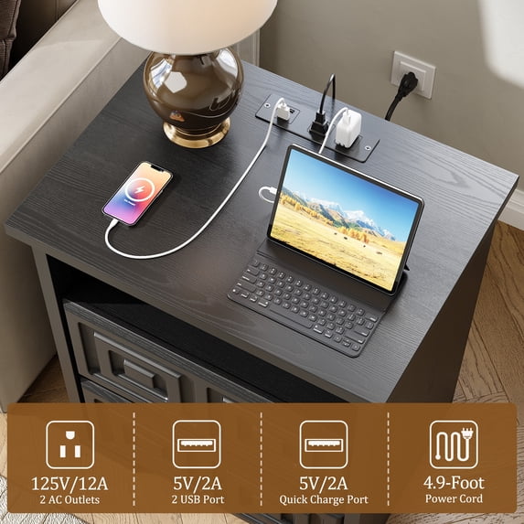 Aufeile Farmhouse Nightstand Set of 2, Rustic Sofa Side Table with USB & AC Outlets for Bedroom, End Tables with 2 Drawers for Living Room, Black
