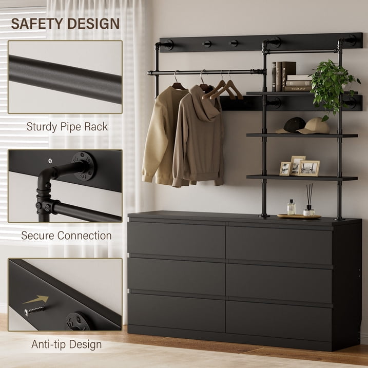 Aufeile 6 Drawer Dresser for Bedroom, 77" Tall Chest of Drawers with Hanging Rack, Industrial Wood Bedroom Dresser, Large Drawer Dresser Closet Organizer for Adults, Black