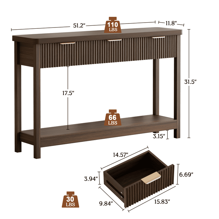 Aufeile 51" Entryway Table, Fluted Console Table with 3 Storage Drawers and Open Shelf, Narrow Sofa Couch Table for Living Room Hallway Entrance Foyer, Walnut