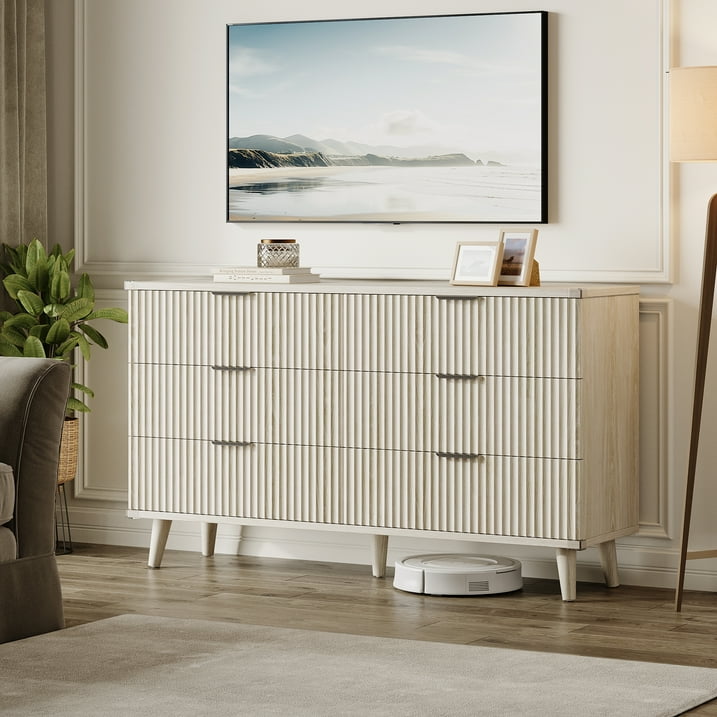 Aufeile 6 Drawer Dresser for Bedroom, 53" Modern Fluted Wood Dresser with Wave Panel Design, Wide Chest of Drawers Storage Organizer for Bedroom, Living Room or Entryway, White Oak