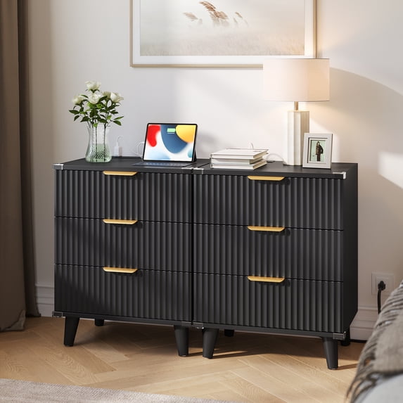 Aufeile 3 Drawer Nightstand with Charging Station, Modern Wood Night Stand for Bedroom, Bedside Table with Wave Panel, Wood Sofa Side End Table for Bedroom, Living Room, Black