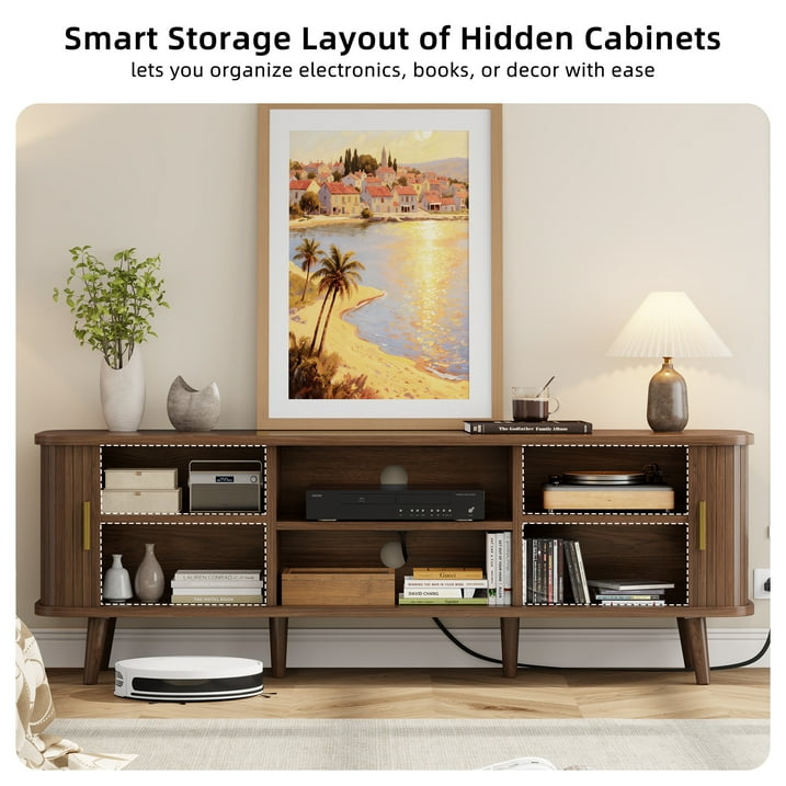 Aufeile TV Stand for 65 Inch TV, 59" Modern TV Stand with Power Outlet, Entertainment Center for Living Room, Fluted TV Console & Mueble Para TV with 2 Sliding Tambour Doors, Walnut