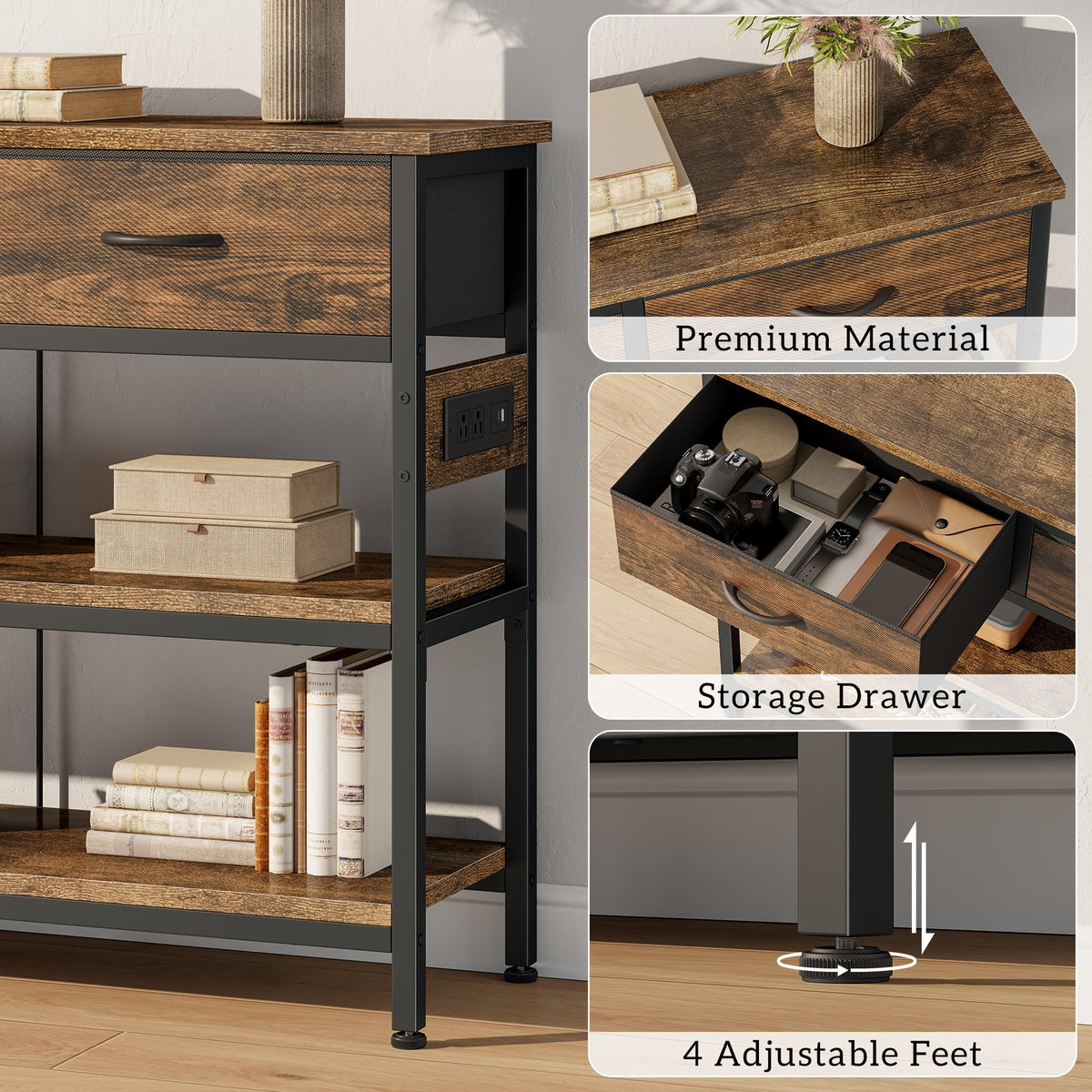 Aufeile 55" Console Table for Entryway, Fabric Sofa Table with 3 Drawers, Outlet and Open Shelves, Entryway Table for Couch, Hallway, Foyer, Living Room, Brown