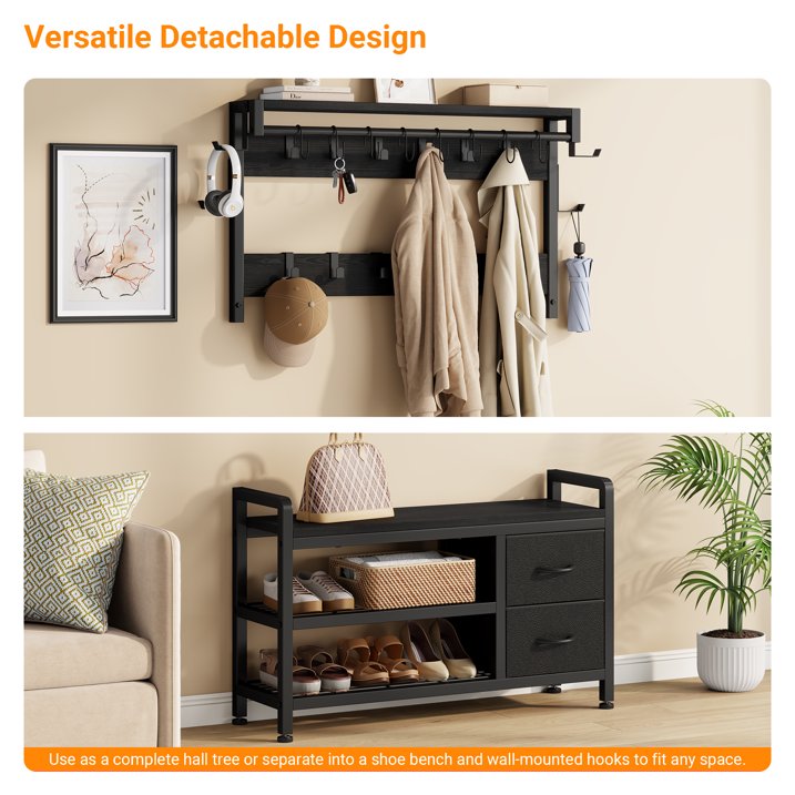 Aufeile 6-in-1 Hall Tree with Bench, Wide Entryway Bench with Shoe Storage, 24 Hooks, 2 Drawers, Hanging Rod & Shelf, Heavy Duty Coat Rack for Hallway, Living Room, Black