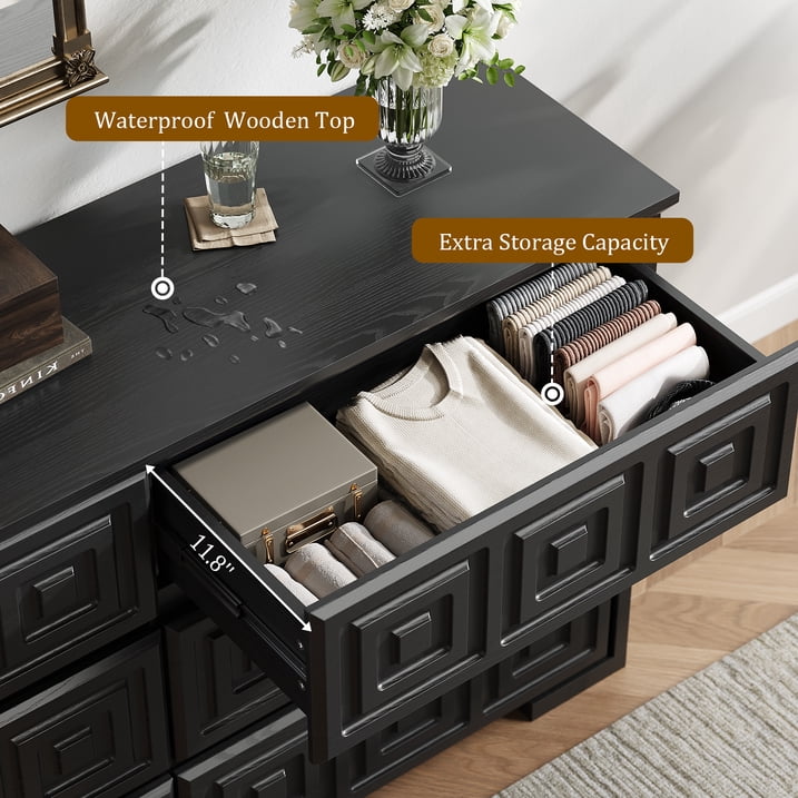 Aufeile Farmhouse Dresser for Bedroom, 54" Wide 6 Drawer Dresser with Carved Panels, Rustic Wooden Chest of Drawers, Long Bedroom Dresser Storage Cabinet for Living Room, Black