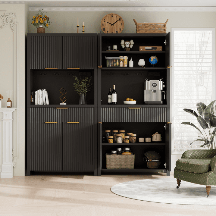 Aufeile Fluted Kitchen Pantry Storage Cabinet, 71" Tall Wood Pantry Hutch with 2 Adjustable Shelves & Drawer & Charging Station for Dining Room Hallway Living Room, Black