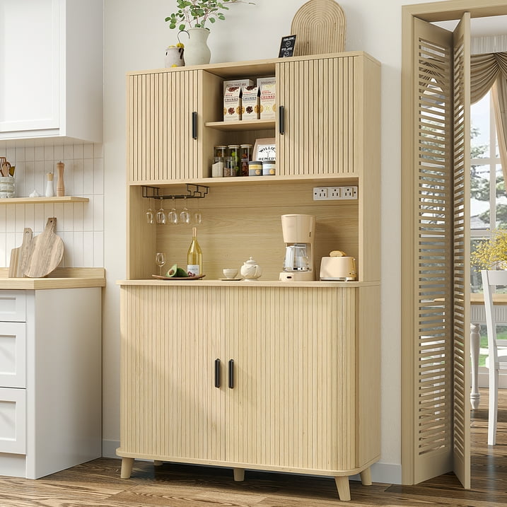 Aufeile Pantry Cabinet, 71" Tall Kitchen Pantry with Outlet, Pantry Storage Cabinet with Countertop and Sliding Doors, 39" Wide Hutch for Dining Room, Living Room, Natural Oak