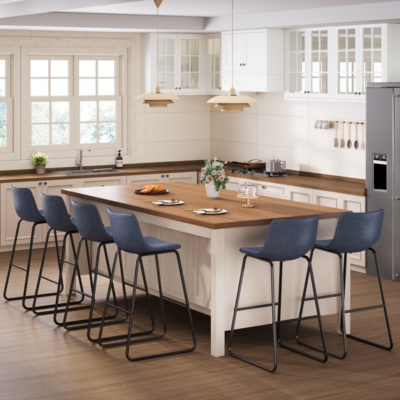 Aufeile 30" Counter Height Bar Stools Set of 3 – Modern Faux Leather Barstools with Back & Metal Legs, Kitchen Bar Chairs for Island, Dining Room, Blue
