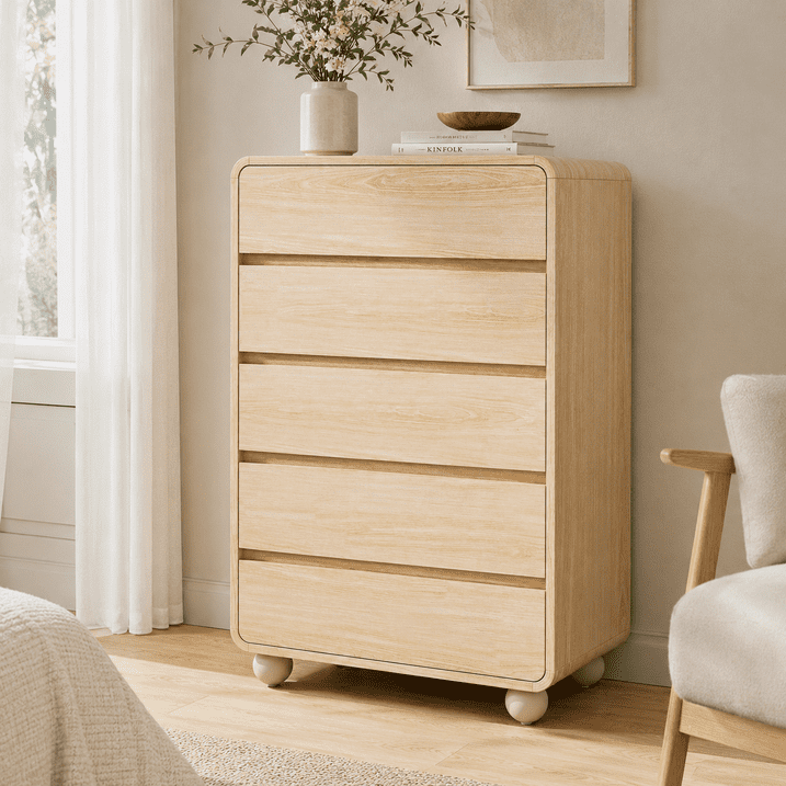 Aufeile 5 Drawer Wood Dresser Set of 2, 41" Tall Vertical Chest of Drawers with Curved Design, Modern Storage Cabinets for Bedroom, Living Room & Entryway, Natural