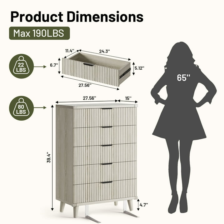 Aufeile 39.4" Tall Dresser for Bedroom, Fluted Wood Dresser with 5 Drawer, Modern Chest of Drawers for Bedroom with Wave Panel, Slim Storage Dresser for Small Spaces, White Oak