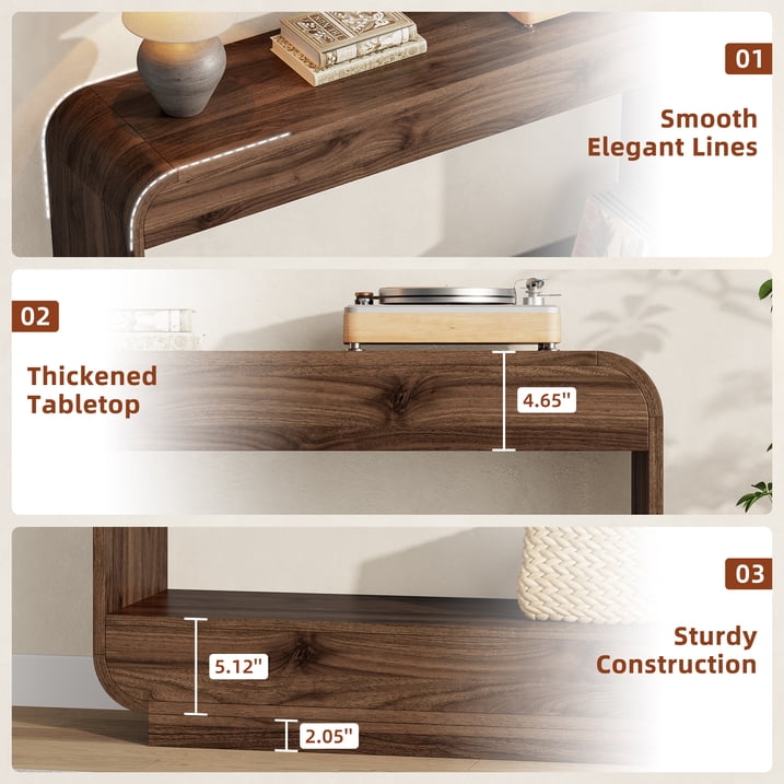 Aufeile 43" Entryway Table, Curved Console Table for Entryway, 2-Tier Wood Sofa Table with Open Storage Shelves Behind the Couch, Narrow Entry Table for Hallway Entrance Foyer, Walnut