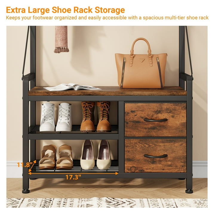 Aufeile Hall Tree with Bench, 6-in-1 Entryway Storage Organizer with Shoe Rack, 17 Hooks, 2 Drawers, Hanging Rod & Top Shelf, Industrial Coat Rack for Hallway, Living Room, Brown